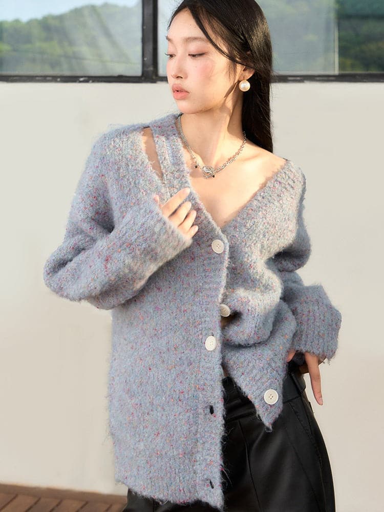 Cut-Out V-Neck Knitted Cardigan - chiclara