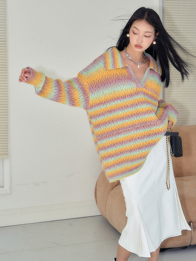 Gradient Rainbow Border Lapel Sweater - chiclara