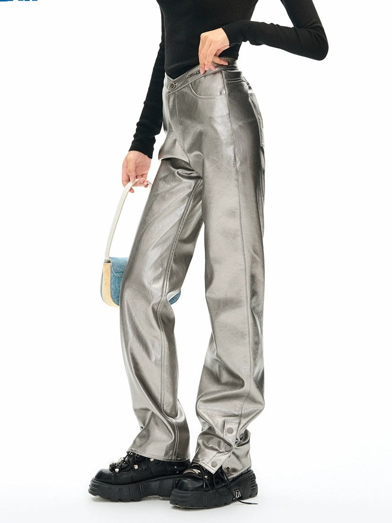 V-Shaped High Waist Metallic Leather Pants - chiclara