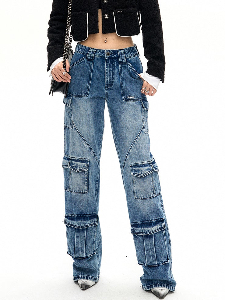 Work Pockets Straight Jeans - chiclara
