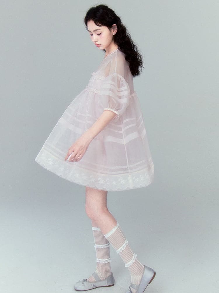 Sheer Lace Hem A-Line Mesh Dress - chiclara