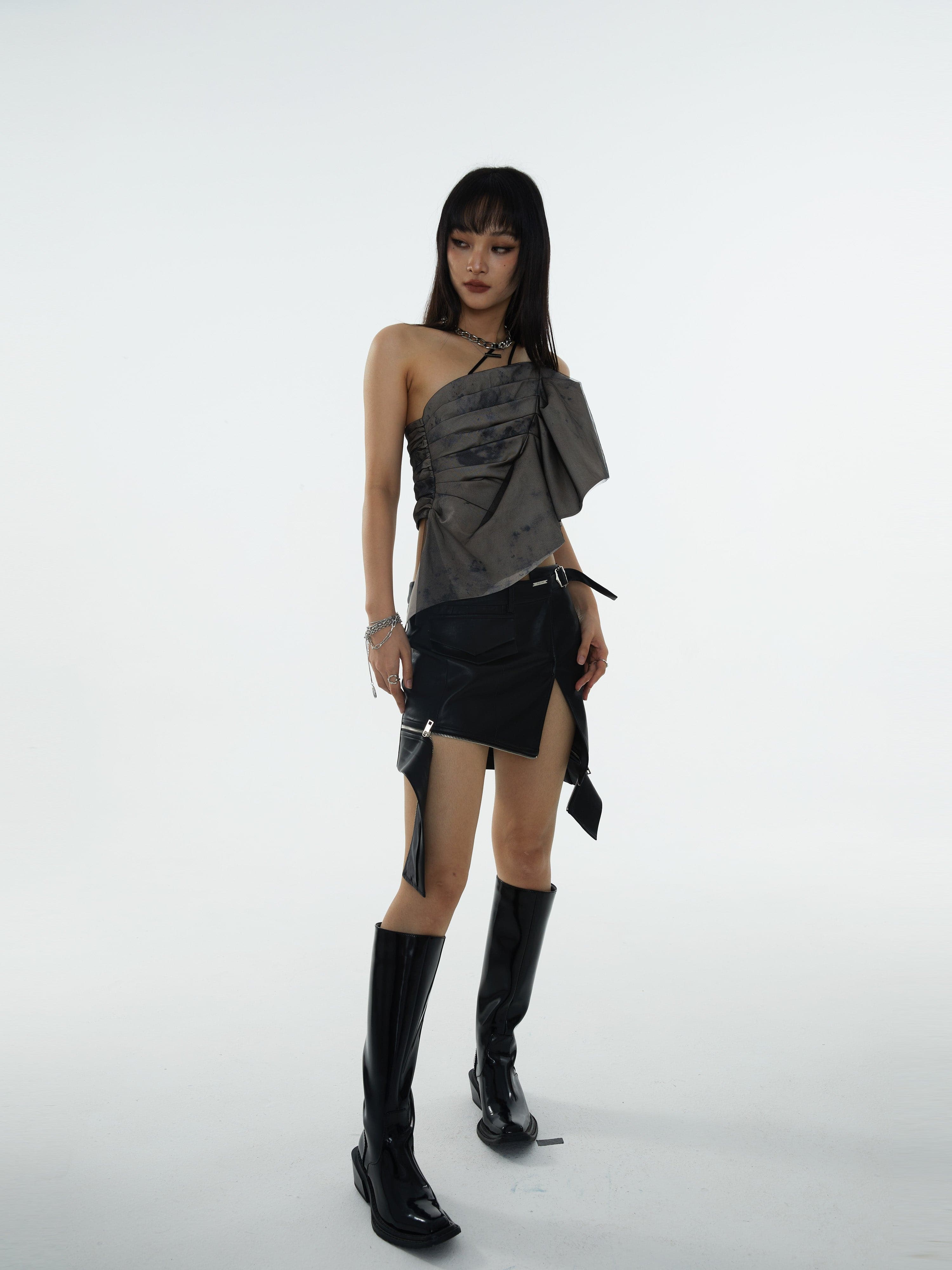 Asymmetric Camisole With Pleated Shoulder Strap - chiclara