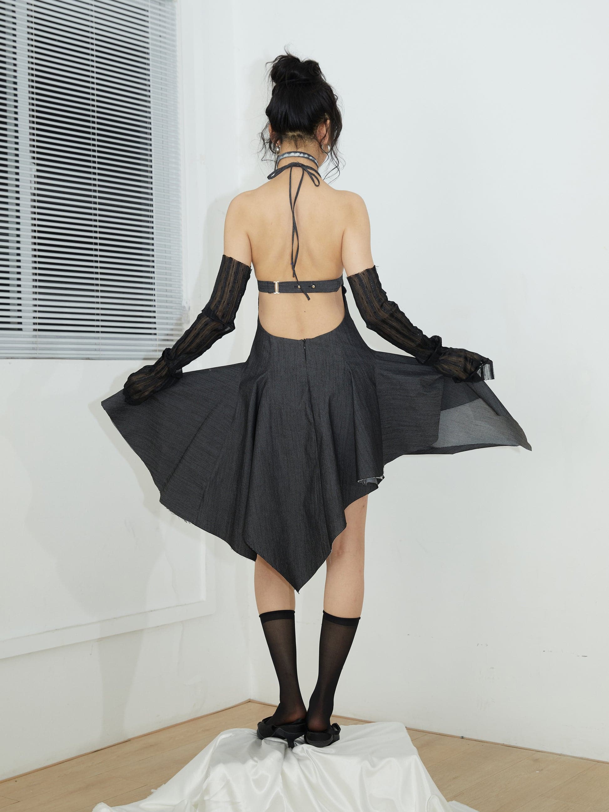 Denim Suspender Dress With Unique Backless Design - chiclara