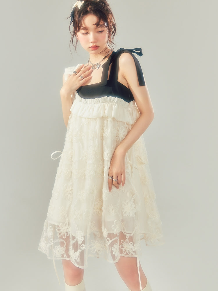 Lace Frill Flower Ribbon Dress - chiclara