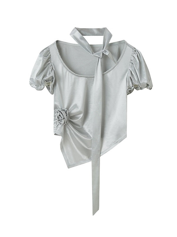 Satin Short-Sleeved Wrinkle Bud Sleeve Top - chiclara