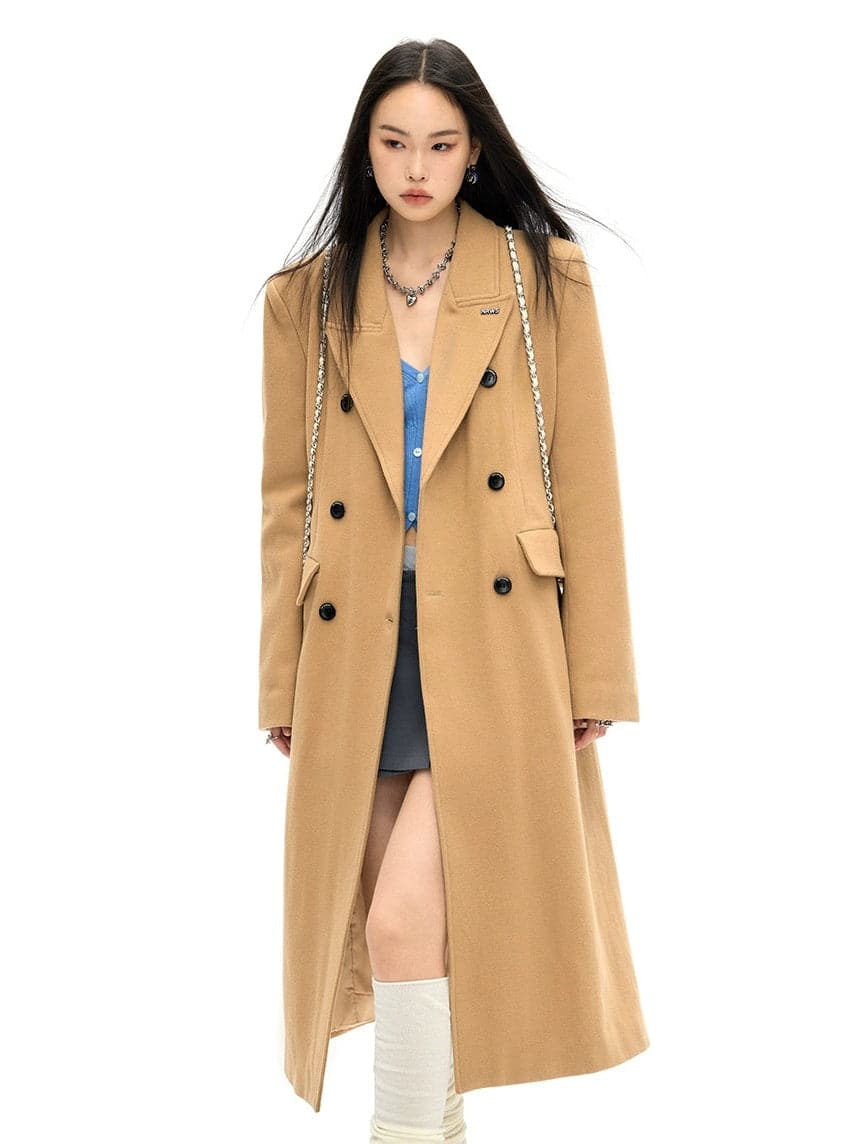 Slim Waist Double Blest Long Coat - chiclara