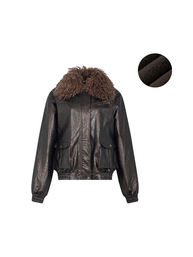 Detachable Plush Collar Leather Jacket - chiclara
