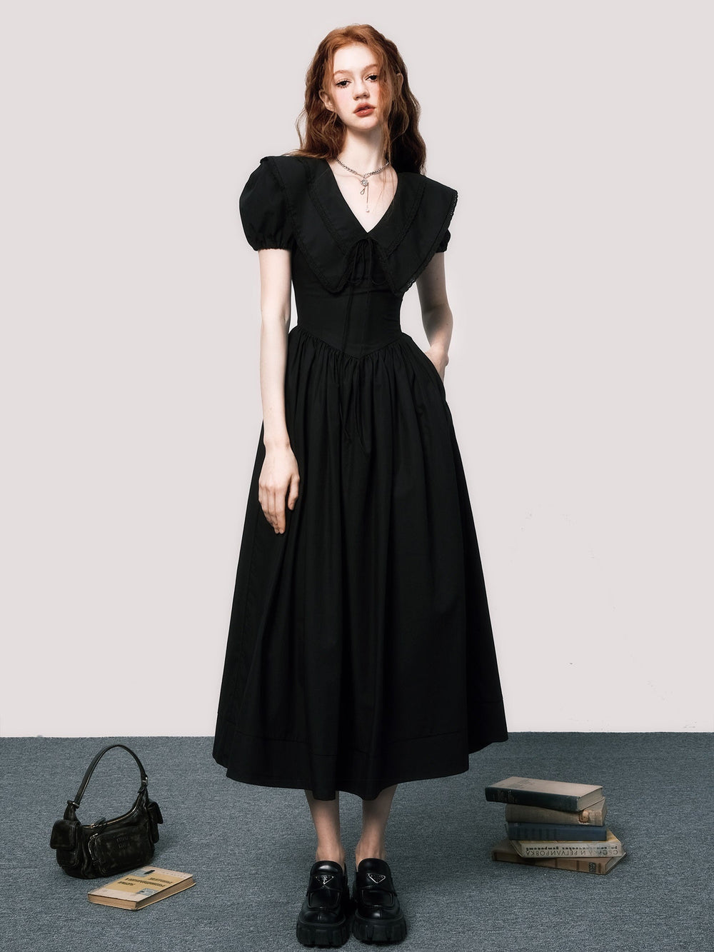 Elegant V-Neck Puff Sleeve Little Black Dress by Luluswings