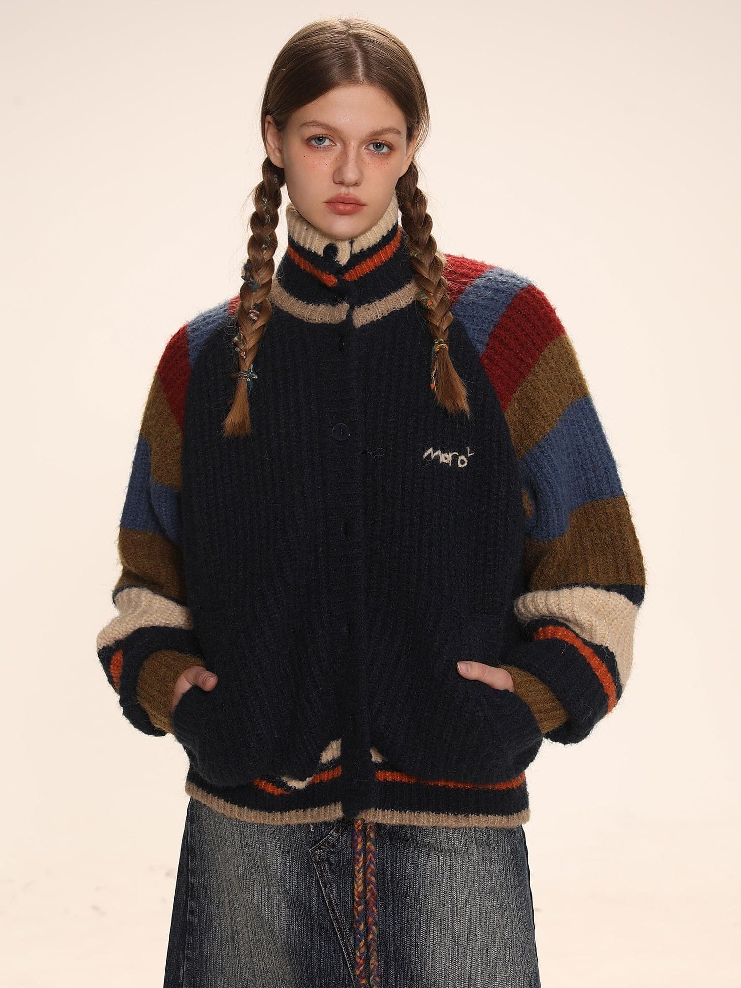 Raglan Sleeves Striped Wool Knitted Cardigan - chiclara