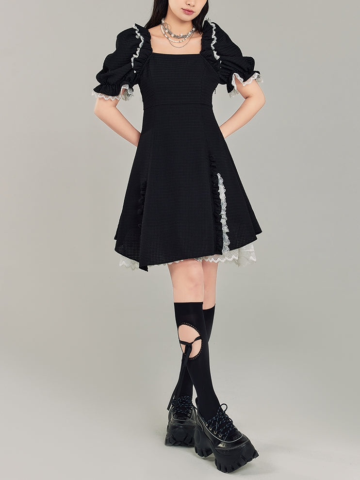 Puff Sleeve Black Square Neck Dress - chiclara