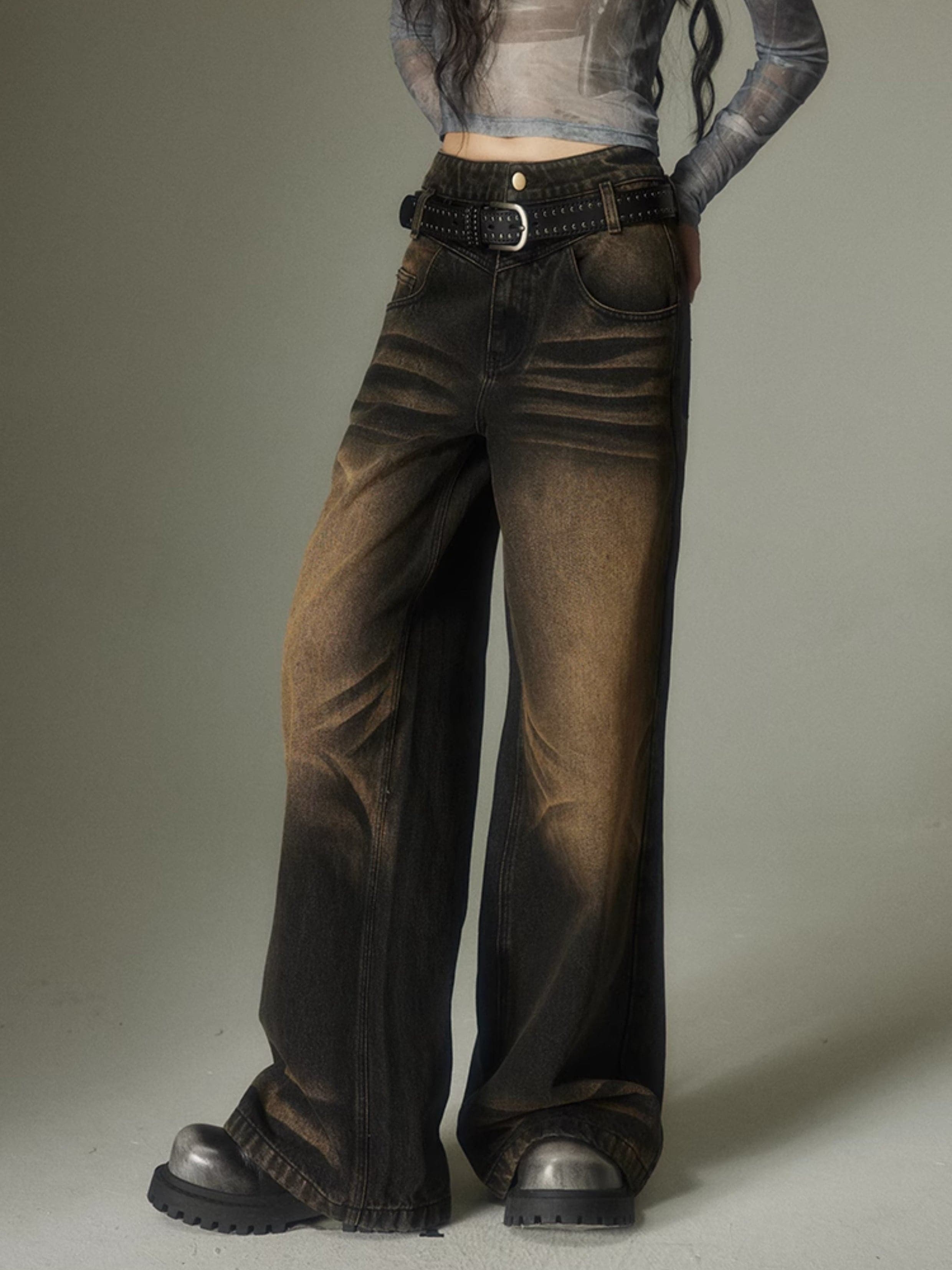 Large Pocket Distressed Straight Jeans - chiclara