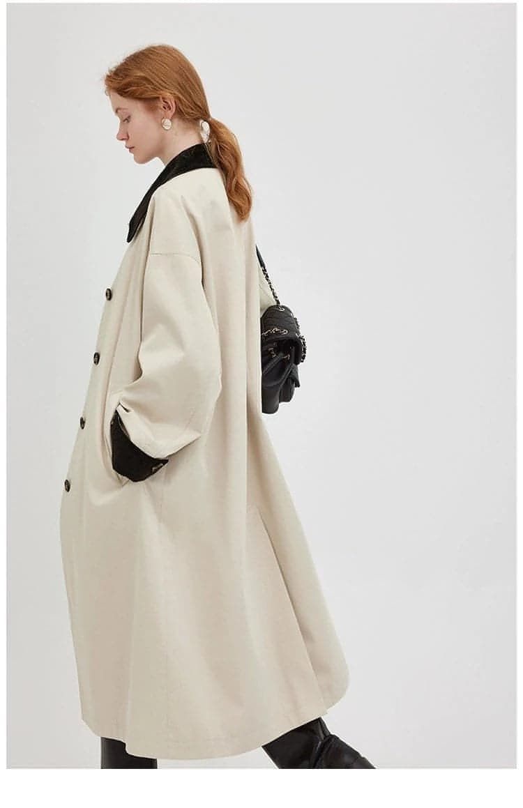 New Retro Color-Block Long Trench Coat - chiclara