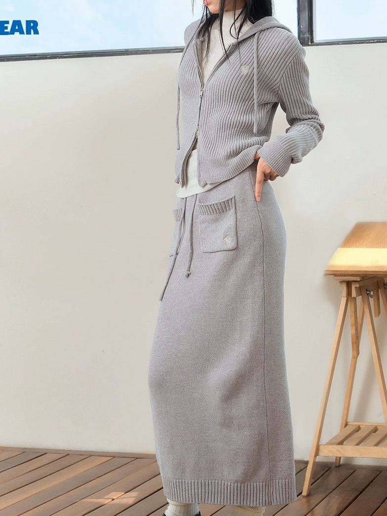 Relaxing Hooded Knitted Parka ＆ Skirt ＆ Pants - chiclara