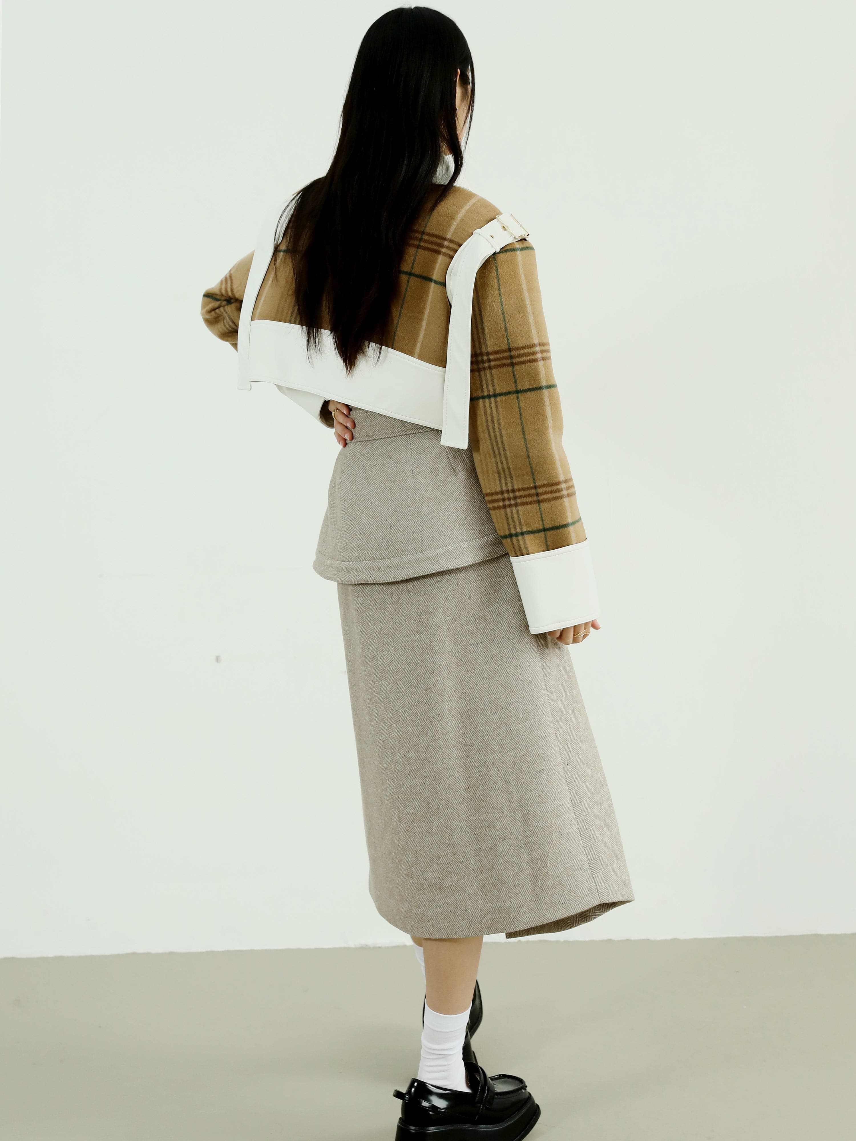 Herringbone Wool Skirt With High Waist Design - chiclara