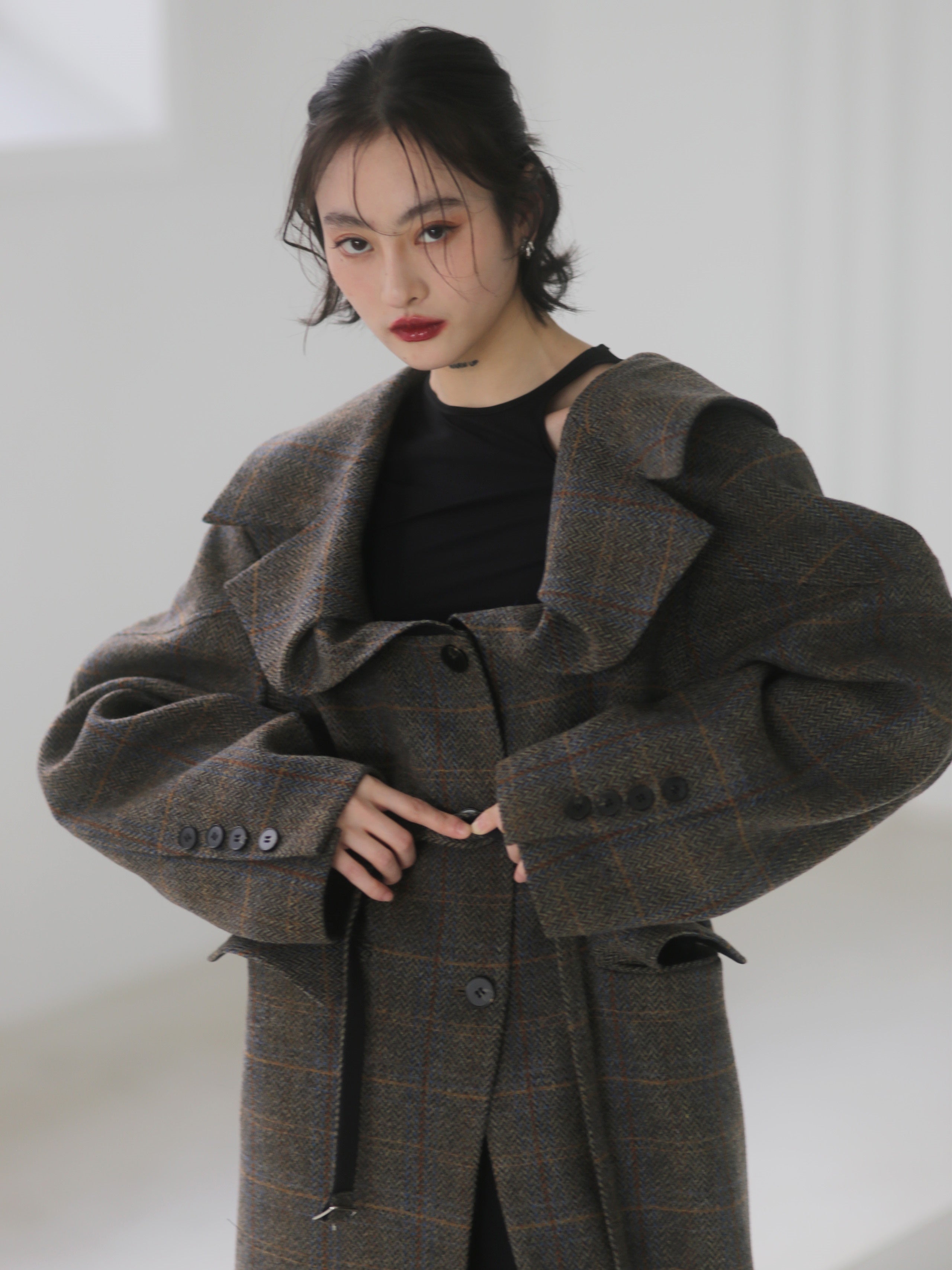 Plaid Wool Long Coat With 3D Generous Collar - chiclara