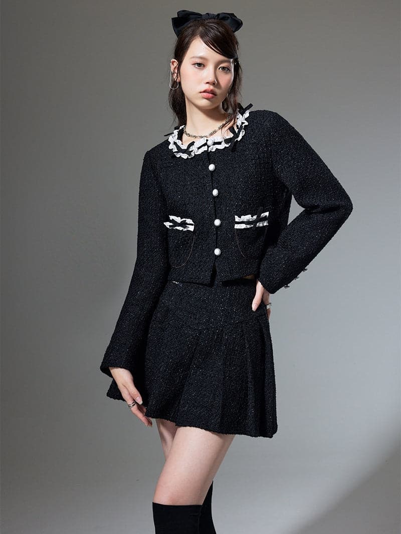 Bow Cardigan Jacket & Pleated Skirt Set - chiclara