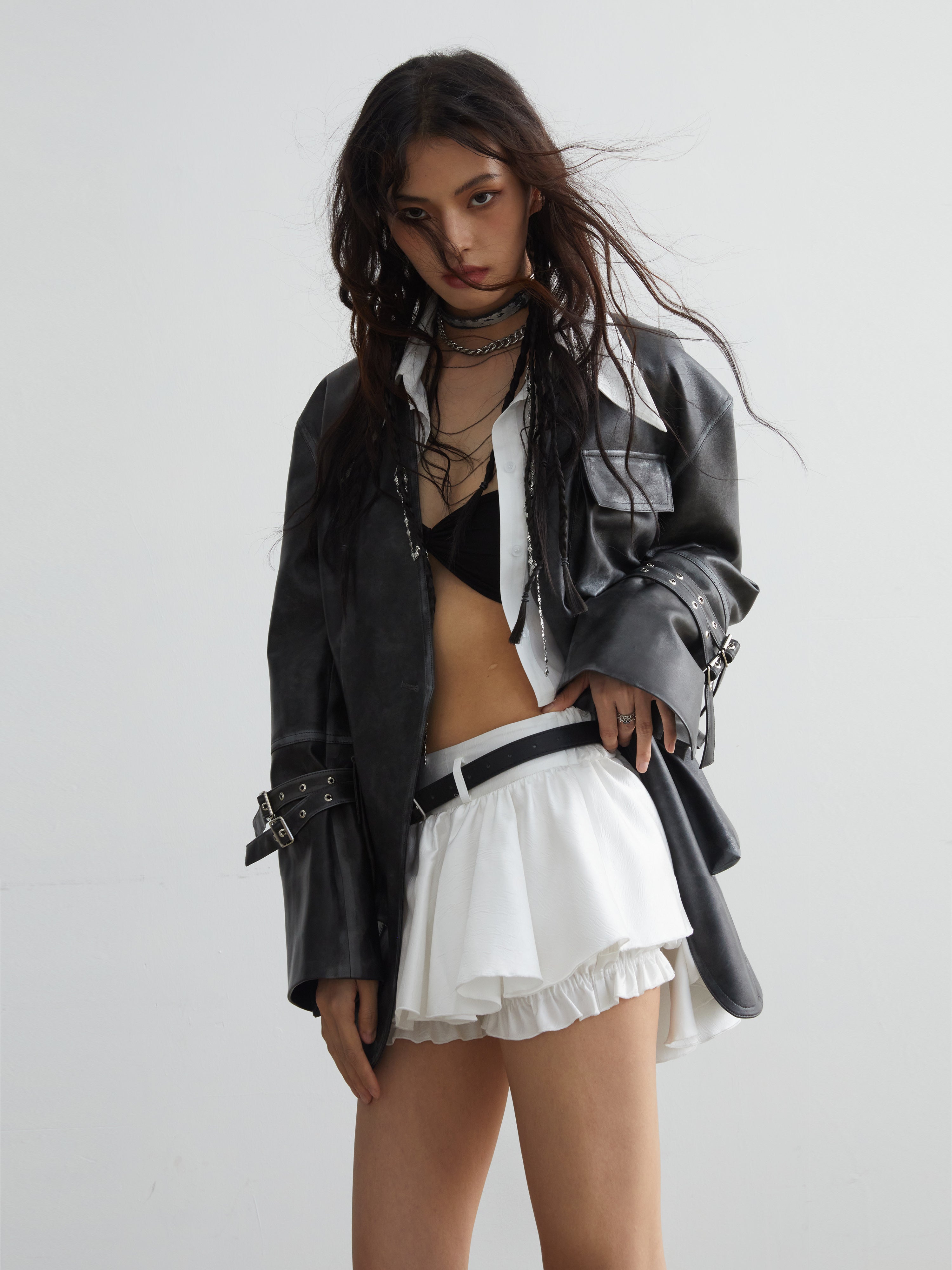 Ruffled Mini Skirt With Belt Embellishment - chiclara