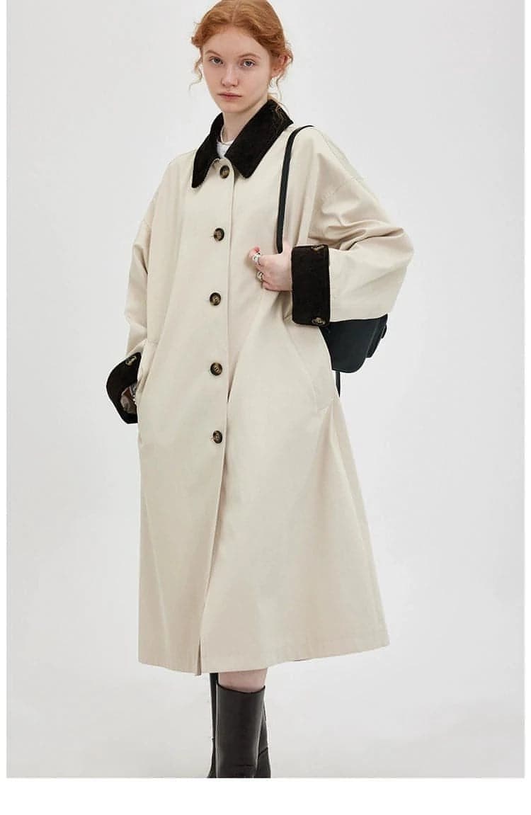 New Retro Color-Block Long Trench Coat - chiclara