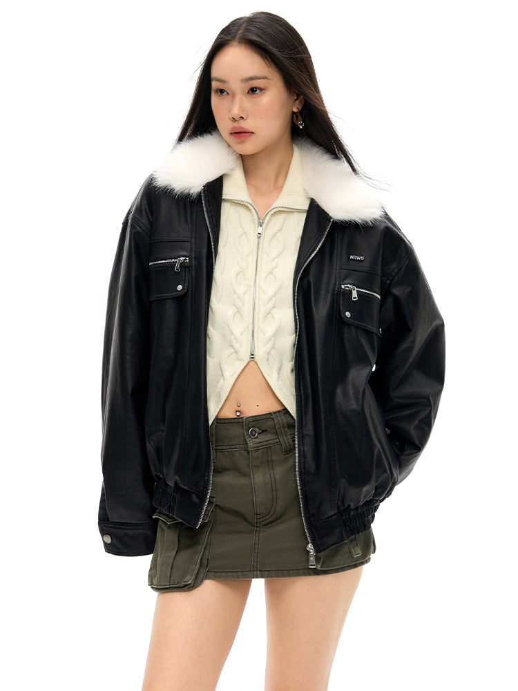 Fur Collar Loose Leather Jacket - chiclara