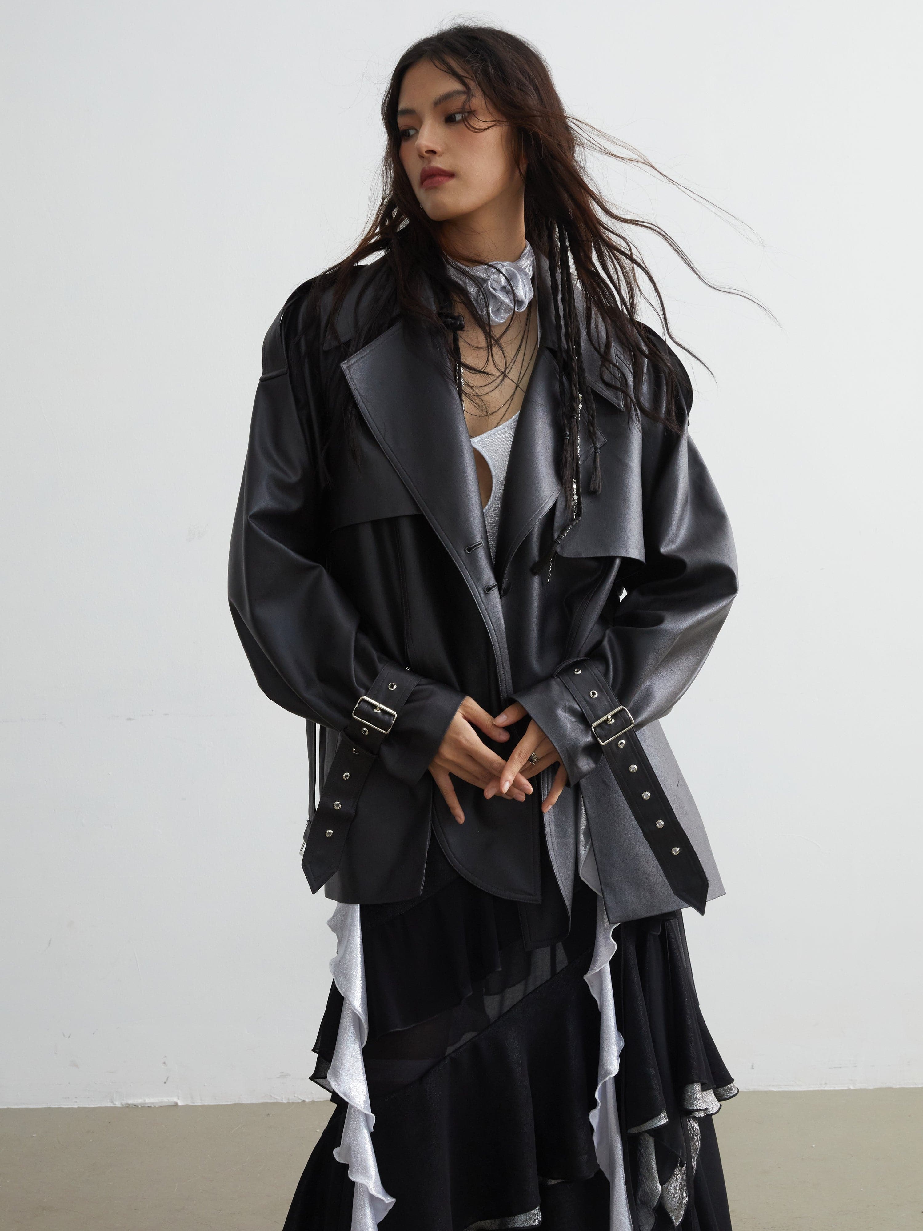 Matte Leather Short Coat With Slit Design - chiclara