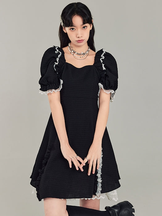 Puff Sleeve Black Square Neck Dress - chiclara