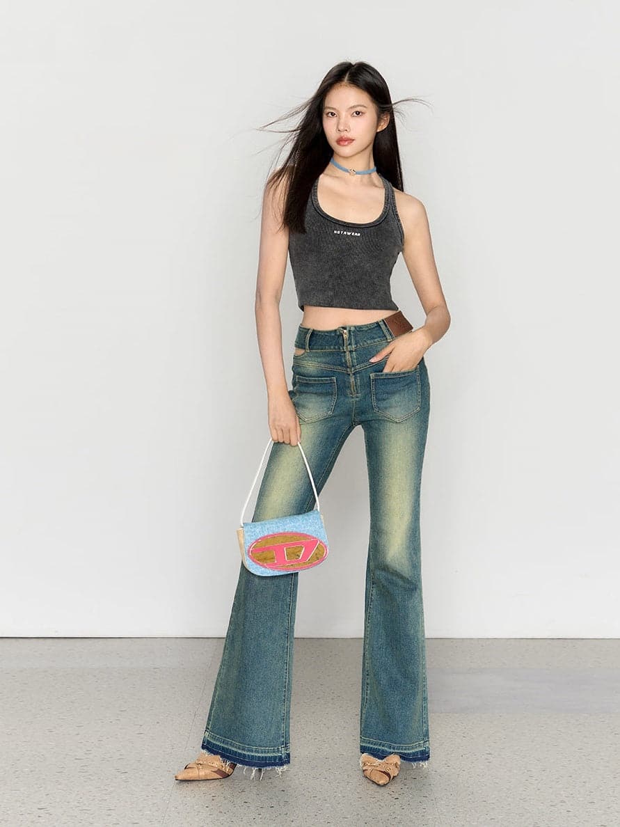 High Waist Retro Wash Bootcut Jeans - chiclara