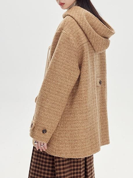 Horn Buckle Wool Coat With Hood - chiclara