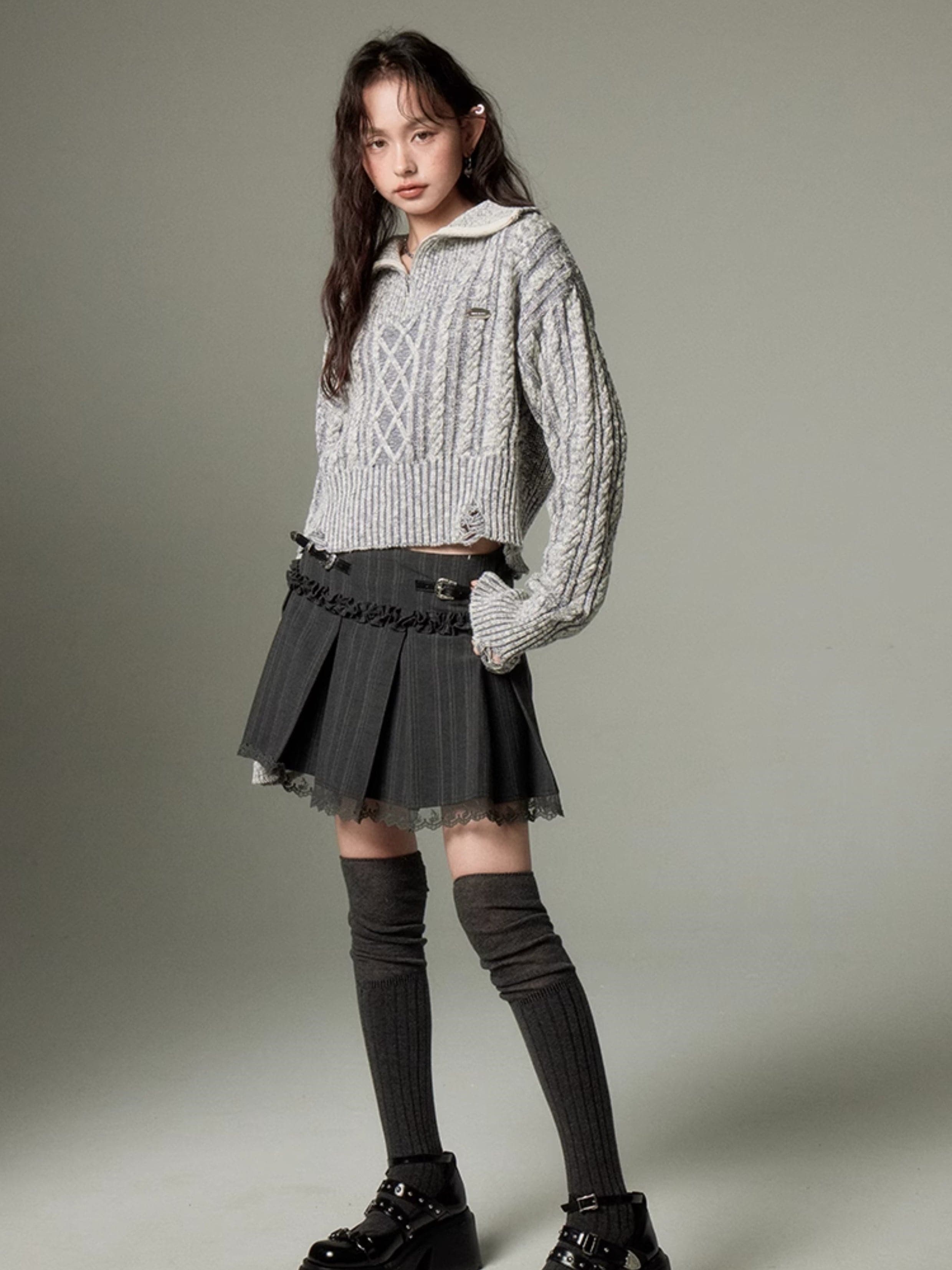 High Collar Half-Zip Knit Sweater - chiclara