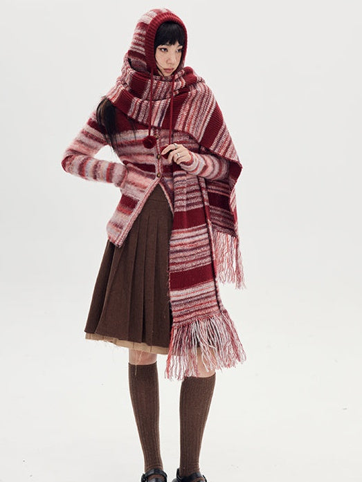 Retro Striped Knit Hat And Scarf - chiclara