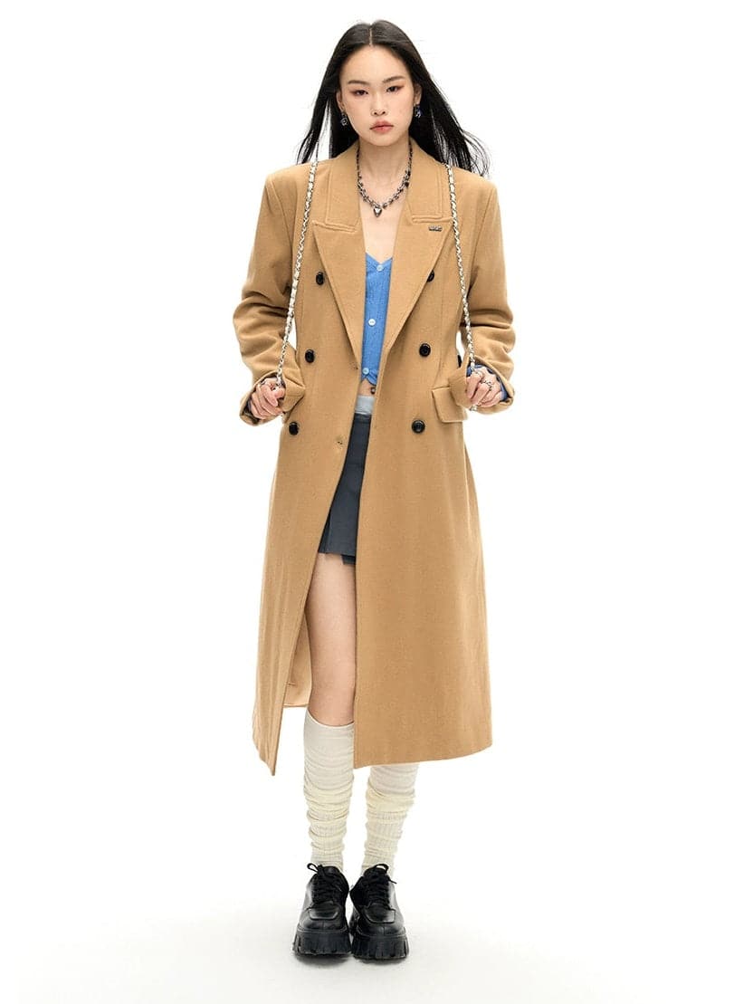 Slim Waist Double Blest Long Coat - chiclara