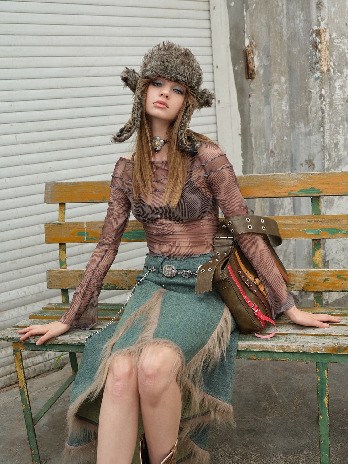 Luxury Faux Fur Embellished Denim Fishtail Skirt - chiclara