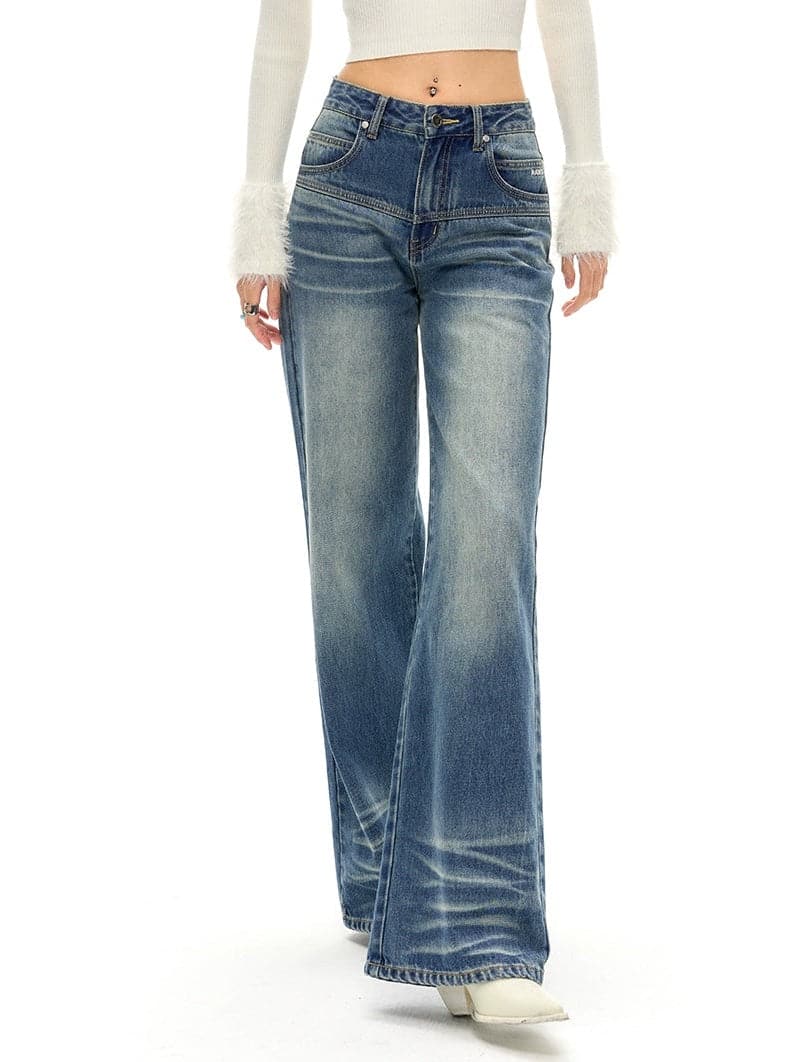 Classic Fit Straight Whiskers Jeans - chiclara