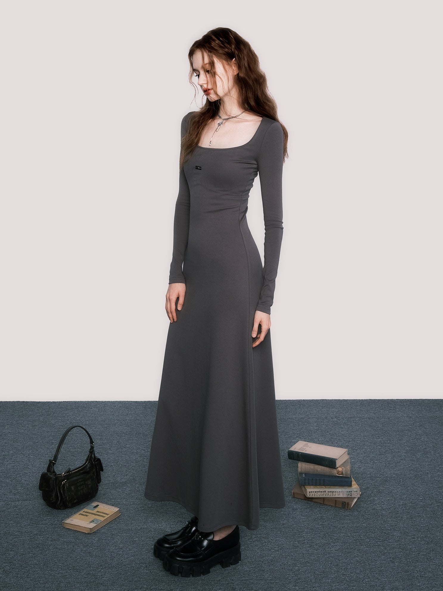 Elegant Square Collar Long Dress - chiclara