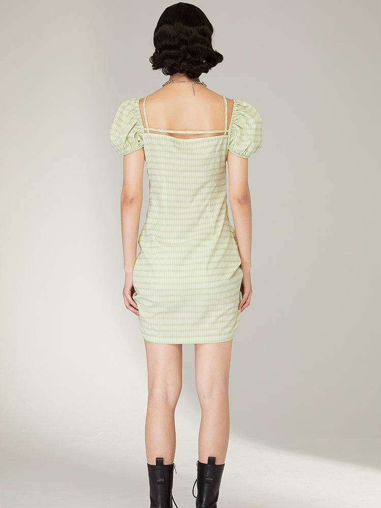 Pleated Square Neck Short Sleeve Dress - chiclara