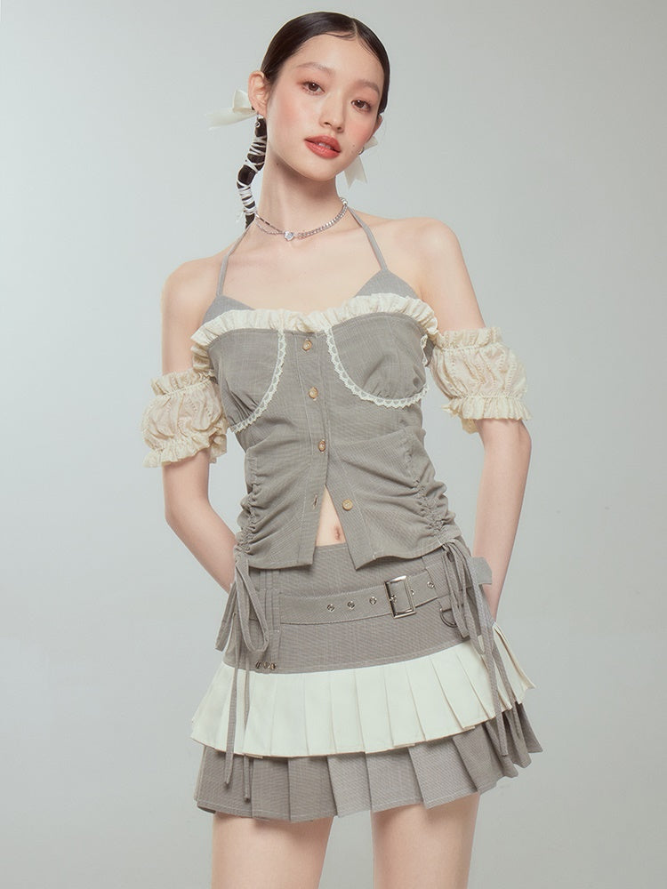 Pleated Cake Skirt With Halter Neck Suspender Top - chiclara