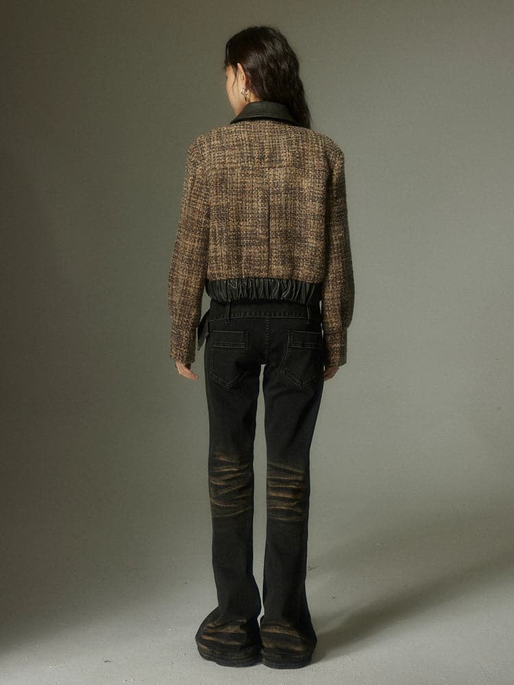 Fragrant Plaid Leather Jacket With Small Splicing - chiclara