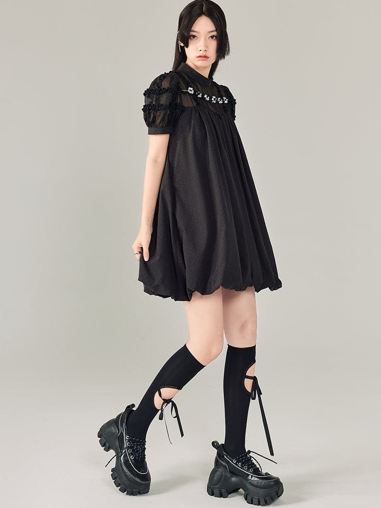 Black Beaded Short Sleeve Dress - chiclara