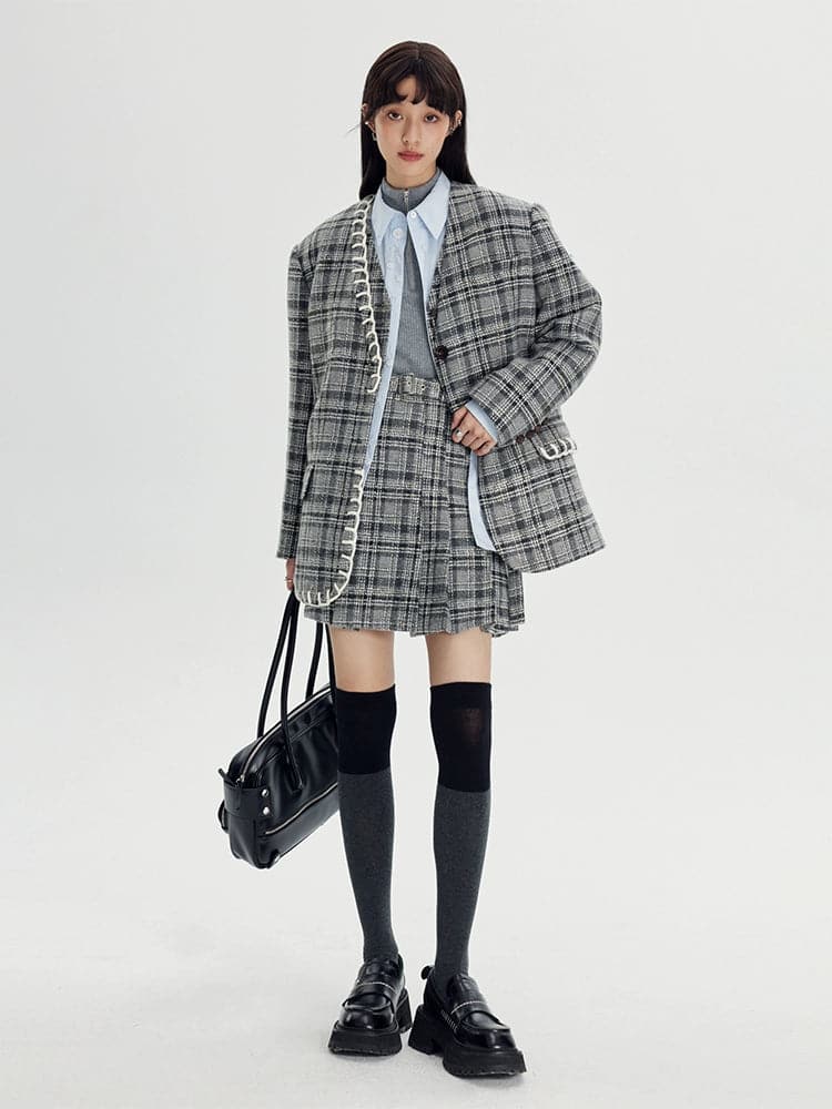 Chic Plaid Trio: Collarless Jacket, Vest & Pleated Skirt - chiclara