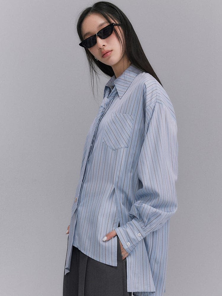 Loose Striped Tie Shirt - chiclara