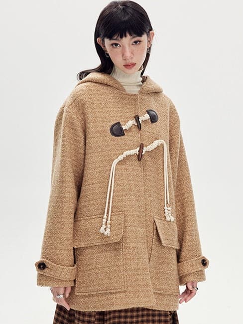 Horn Buckle Wool Coat With Hood - chiclara