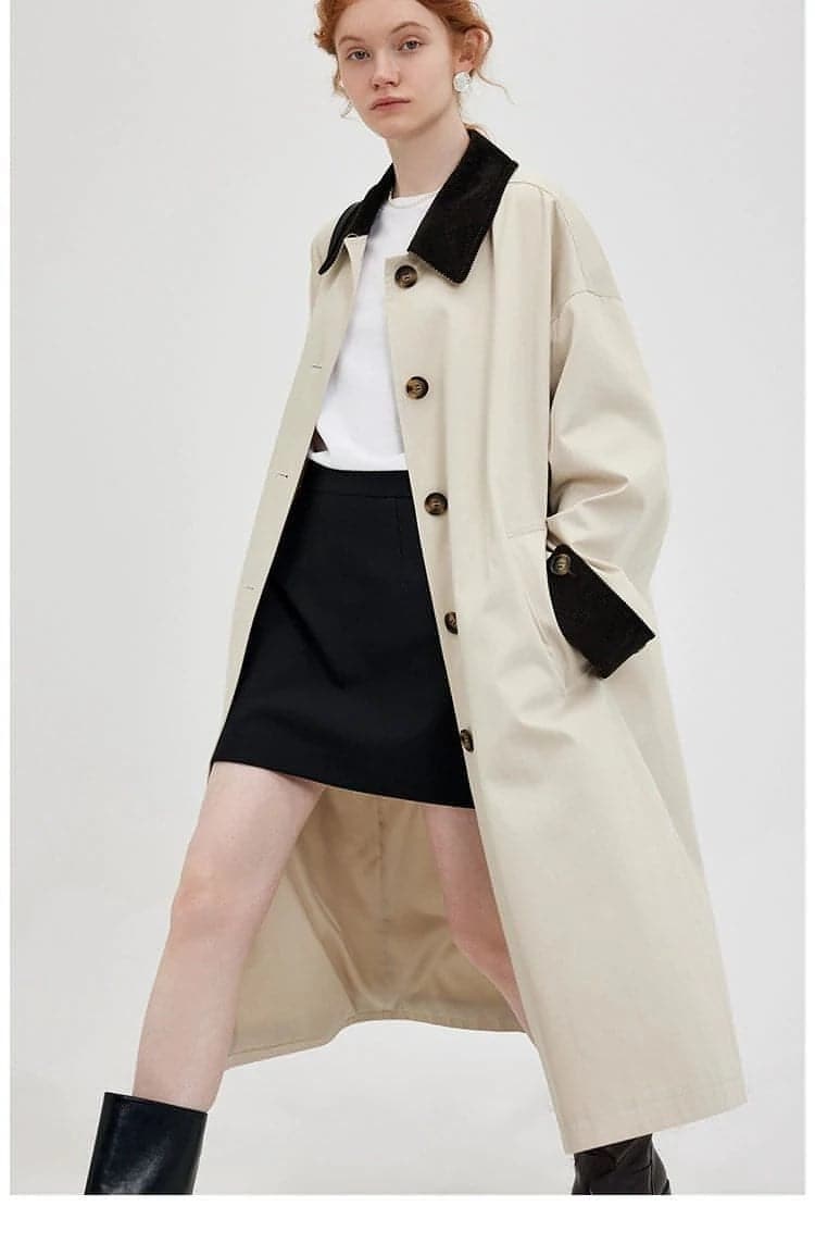 New Retro Color-Block Long Trench Coat - chiclara