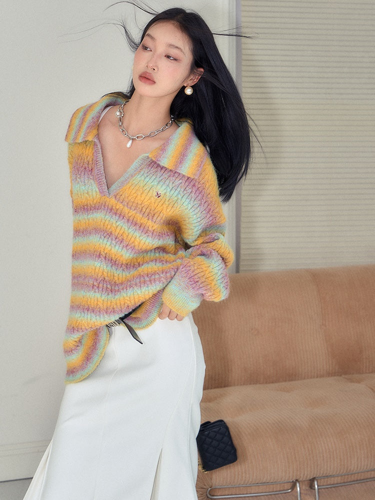 Gradient Rainbow Border Lapel Sweater - chiclara