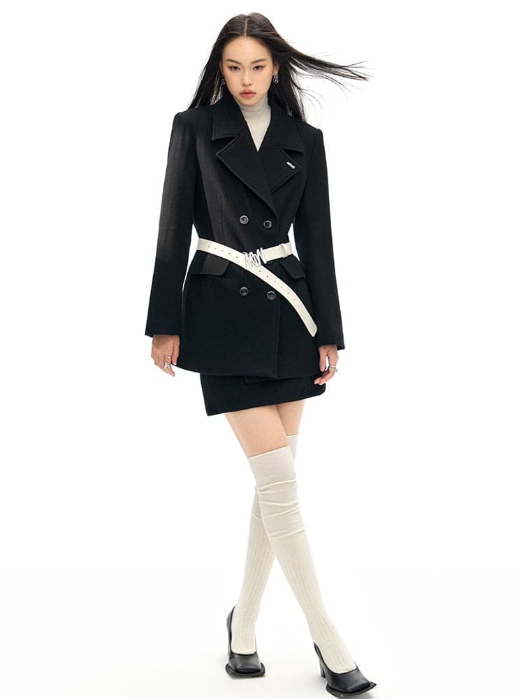 Double Button Wool Coat ＆ Mini Skirt - chiclara