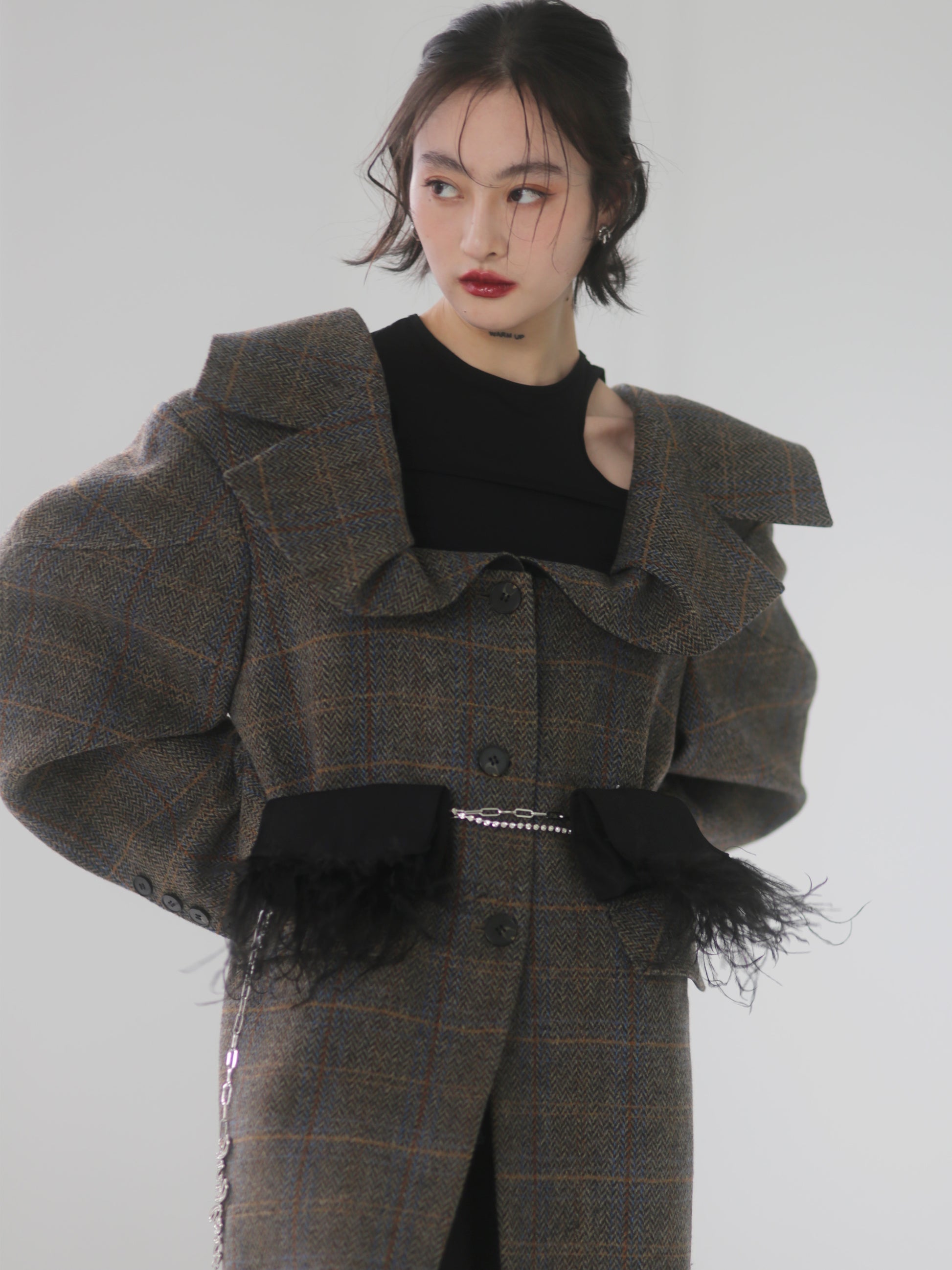 Plaid Wool Long Coat With 3D Generous Collar - chiclara