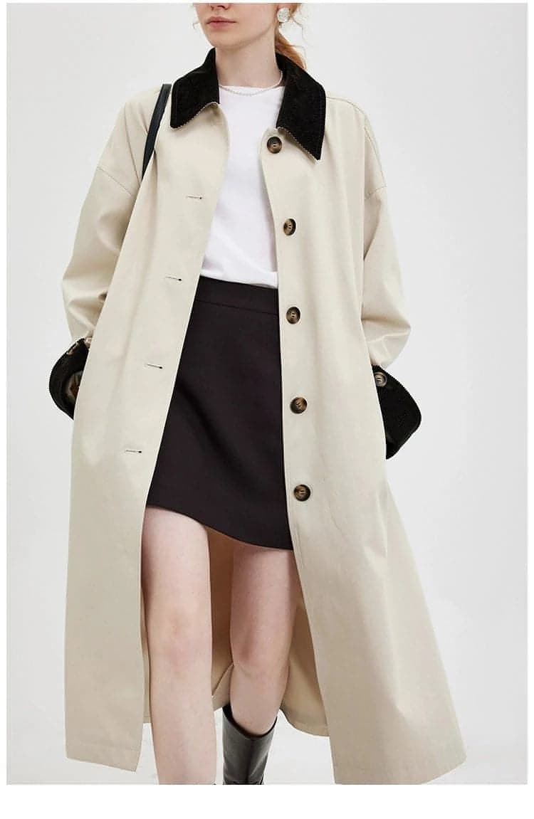 New Retro Color-Block Long Trench Coat - chiclara