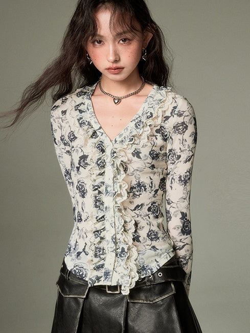 Floral Lace V-Neck Shirt - chiclara