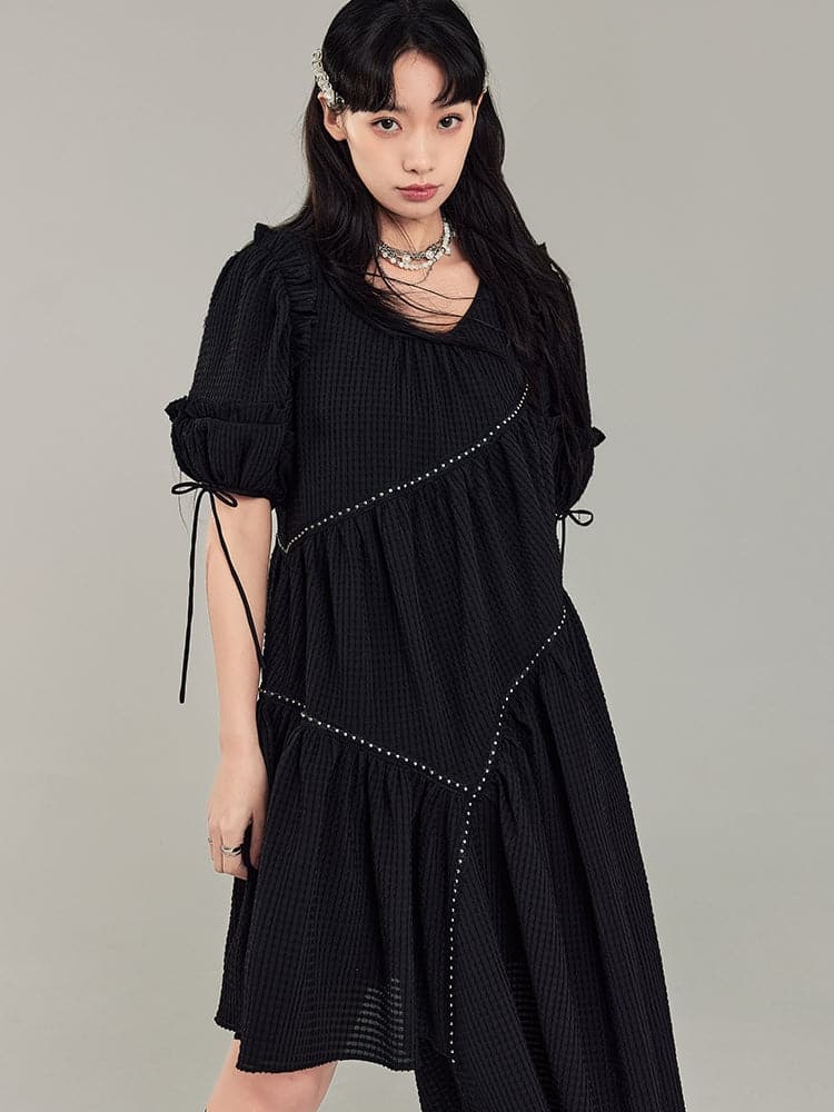 Black Irregular Puff Sleeve Dress - chiclara