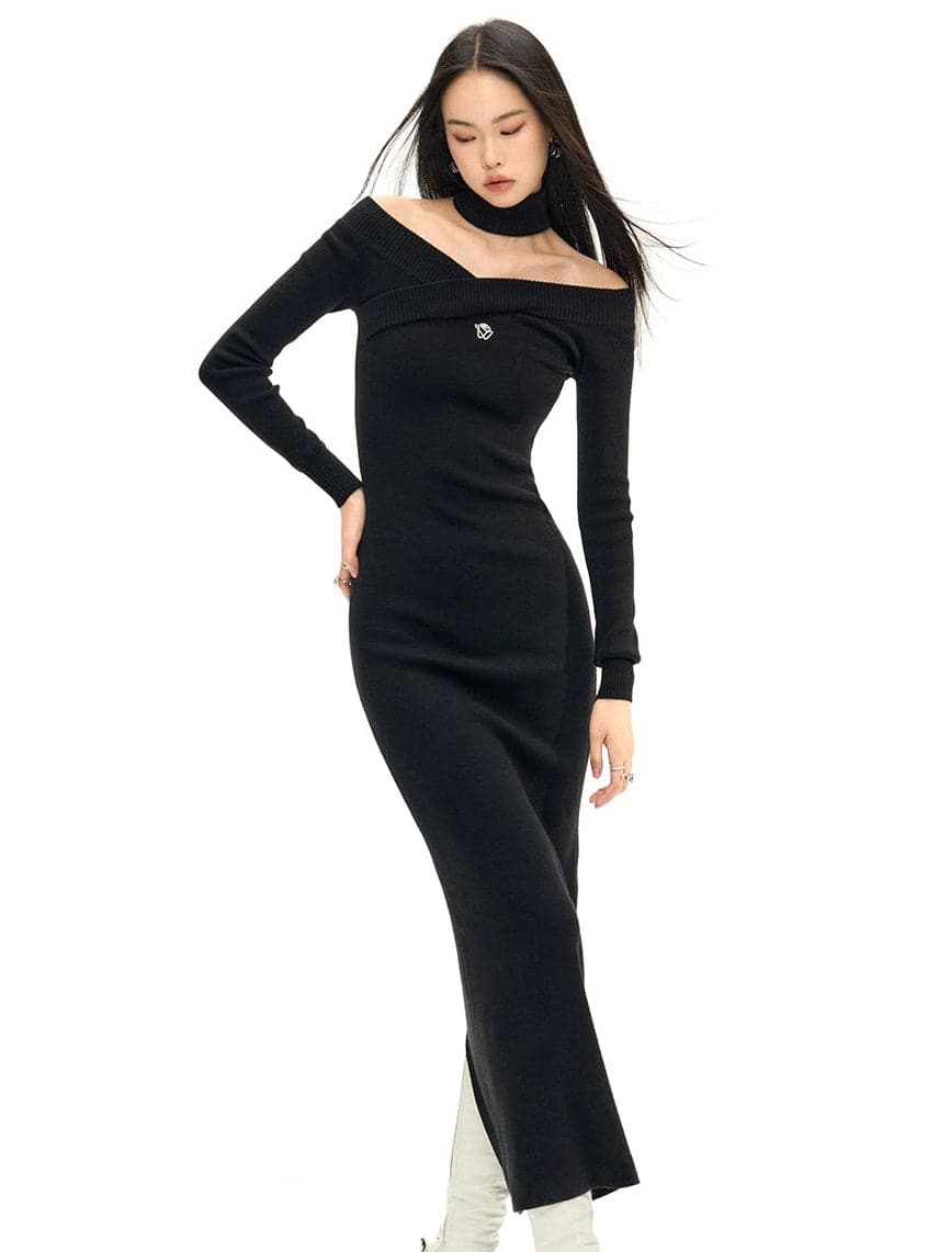 Cross-Neck Long Slim Knit Dress - chiclara