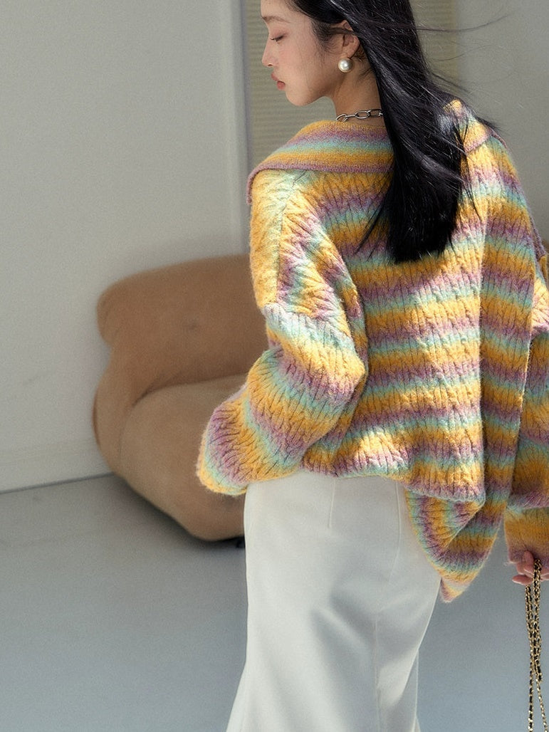 Gradient Rainbow Border Lapel Sweater - chiclara