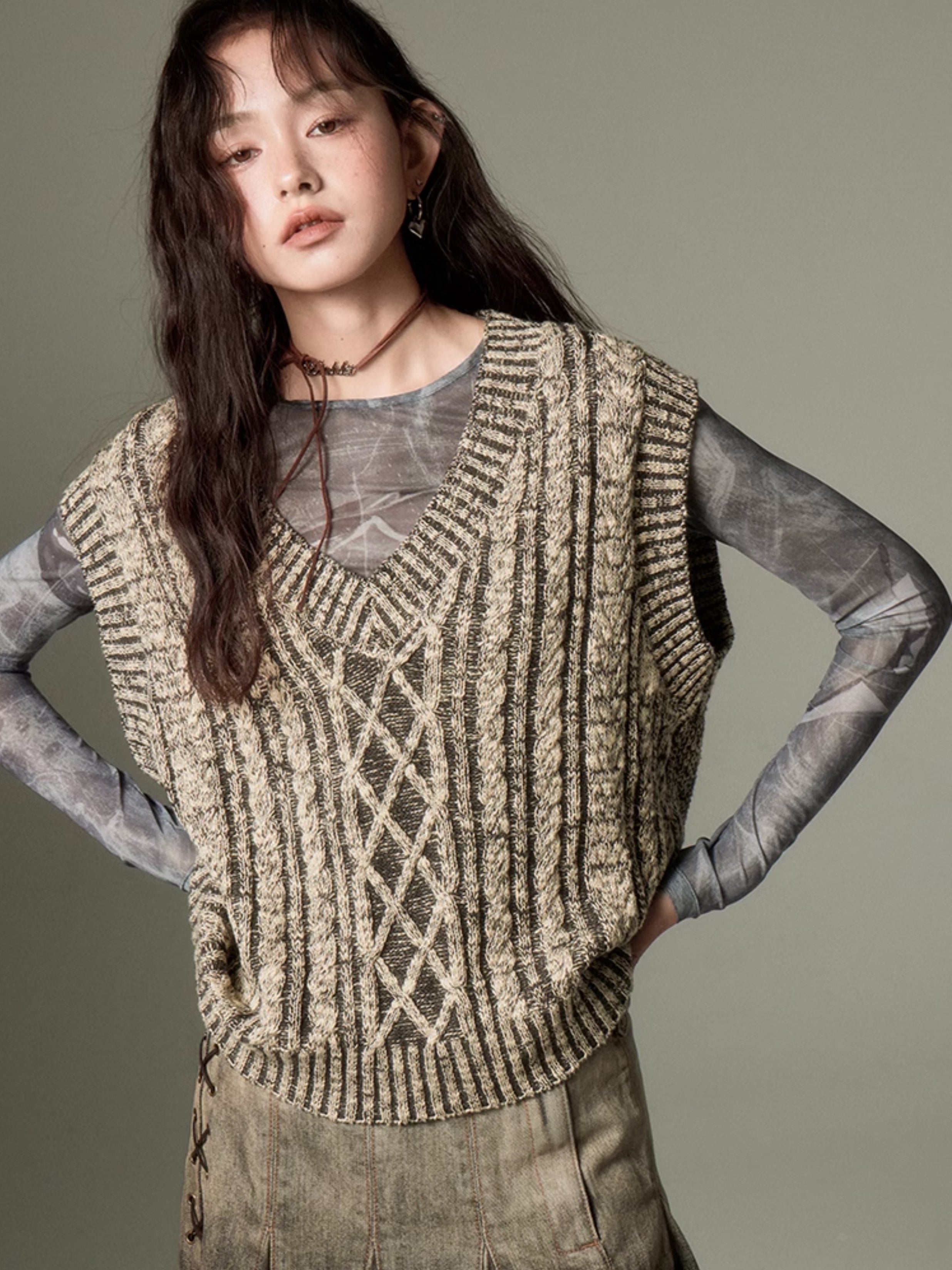 V-Neck Cable Knit Vest - chiclara